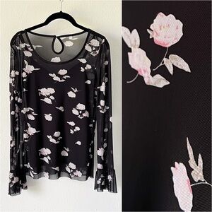 Candie’s Black Floral Romantic Goth Sheer Disco Mesh Y2K Long Sleeve Blouse